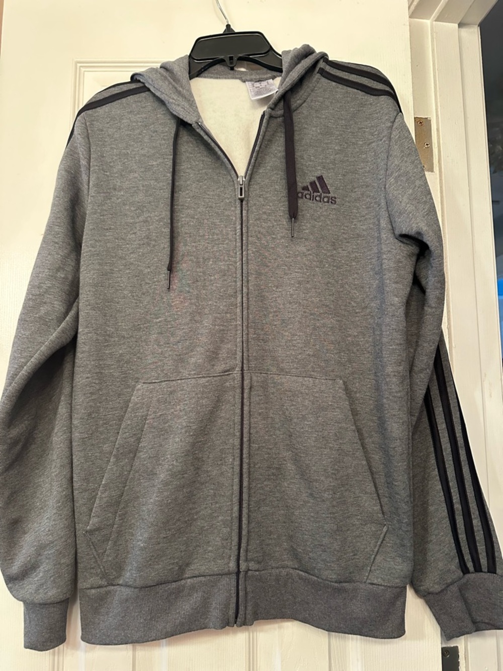 adidas Men’s Gray Zip-Up Hooded Sweatshirt with Black Stripes